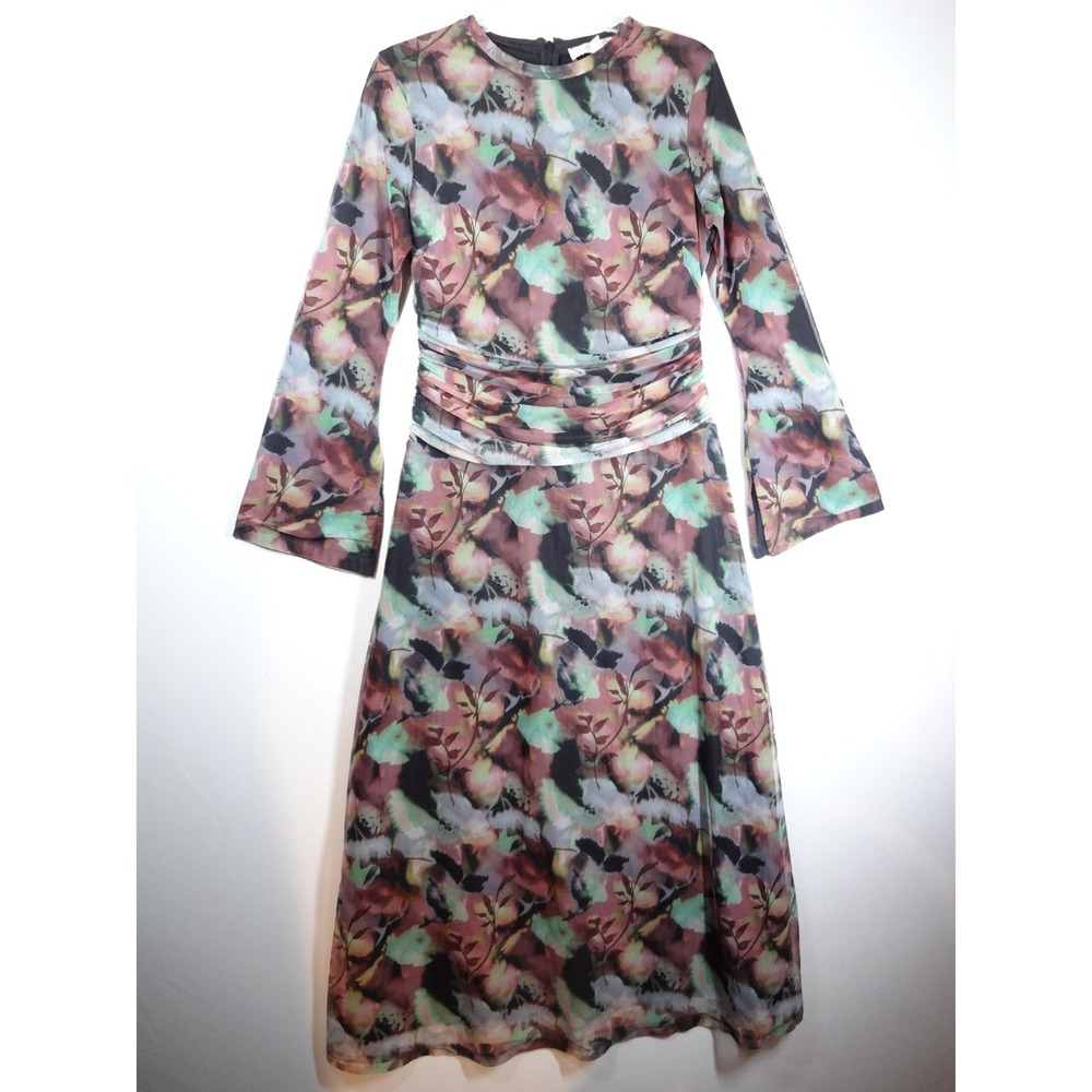 Veiled Maxi Dress Womens Medium Multicolor Floral Mesh Ruched Bell Sleeve Modest